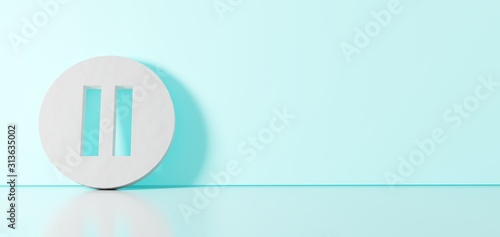 3D rendering of white symbol of pause  icon leaning on color wall with floor reflection with empty space on right side