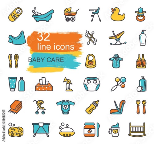 Linear icons on the theme of child care. Feeding and bathing of newborns