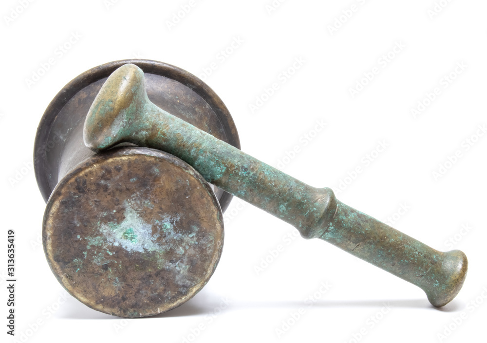 mortar and pestle. Vintage. White background.