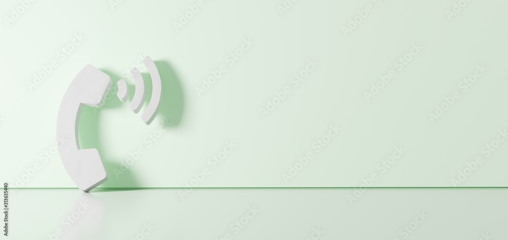 3D rendering of white symbol of phone volume icon leaning on color wall with floor reflection with empty space on right side 3D rendering of white symbol of phone volume icon leaning on color wall with floor reflection with empty space on right side