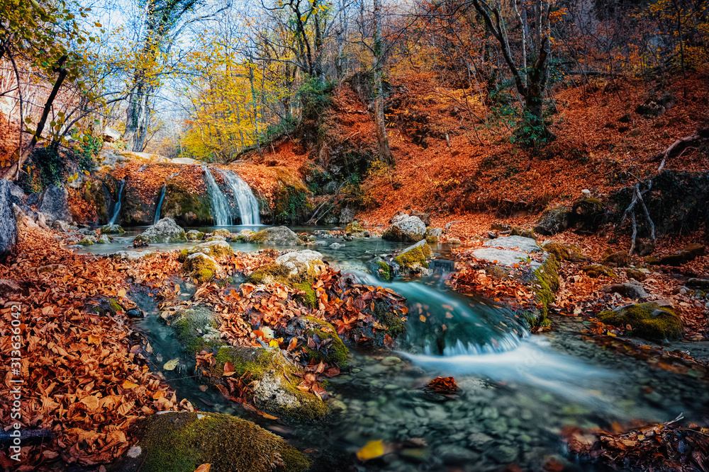Waterfall cascade in the forest in autumn among the fallen colorful bright leaves.