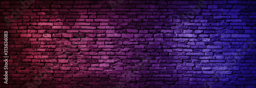 Neon light on brick walls that are not plastered background and texture. Lighting effect red and blue neon background of empty brick basement wall. © lllonajalll