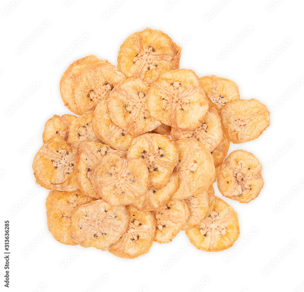 top view, banana crisps isolated on white background top view, banana crisps isolated on white background