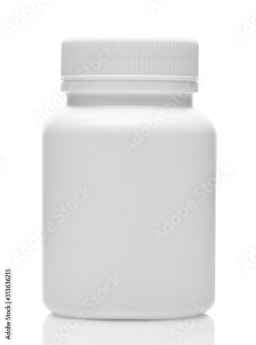 White plastic medical bottle without label, clean and new, container for pills, tablets, vitamins, drugs, capsules, medicament and food supplement for healthcare. Pharmaceutical industry. Pharmacy.