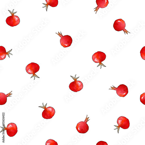 seamless hand drawn watercolor pattern with vibrant colors on white isolated background with red dog rose berries for food herbal tea illustration textile kitchen wallpaper healthy nutrition