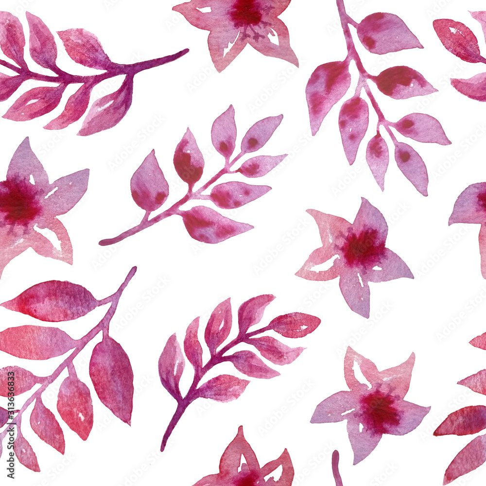 seamless hand drawn watercolor pattern with vibrant intense bright colors on white isolated background purple violet lilac pink florals leaf flower branch for textile wallpaper