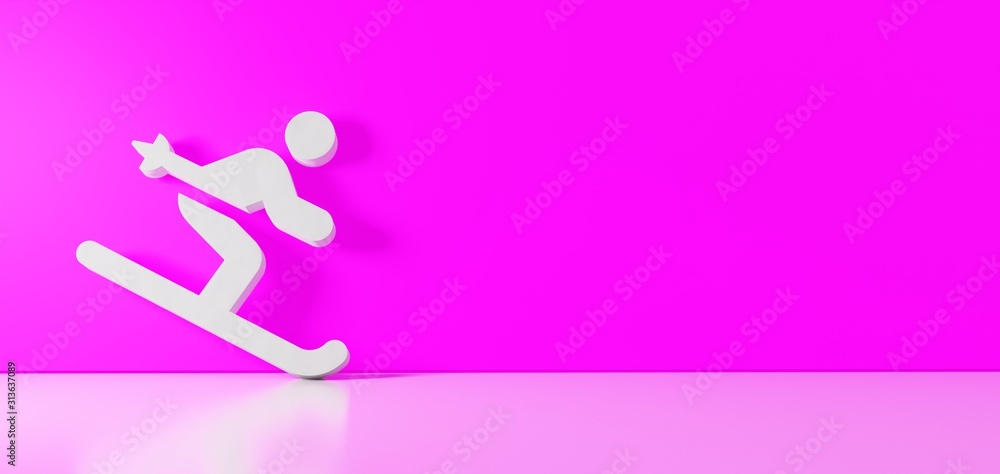 3D rendering of white symbol of skiing icon leaning on color wall with floor reflection with empty space on right side