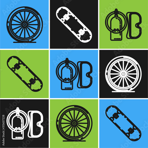 Set line Bicycle wheel, Diving mask and aqualung and Skateboard trick icon. Vector