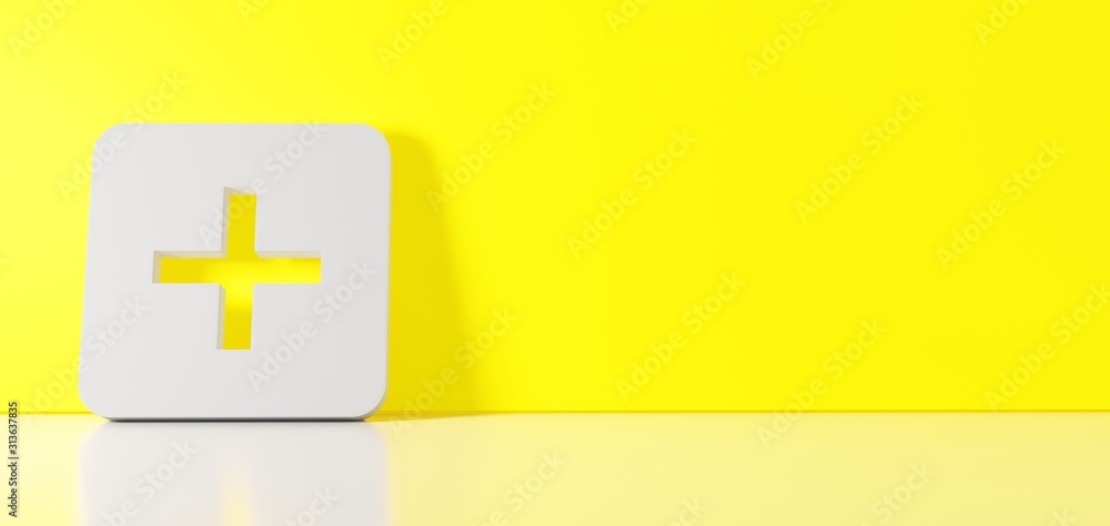 Obraz premium 3D rendering of white symbol of square add button icon leaning on color wall with floor reflection with empty space on right side