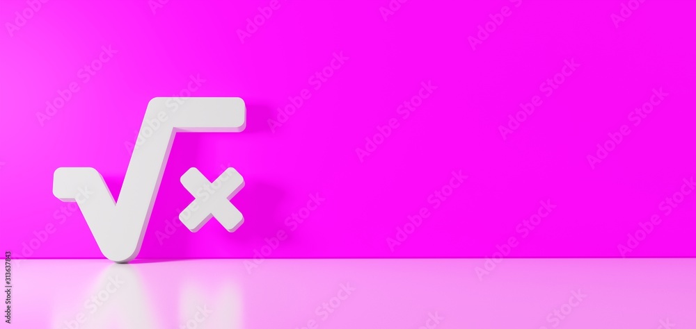 3D rendering of white symbol of square root icon leaning on color wall with floor reflection with empty space on right side 3D rendering of white symbol of square root icon leaning on color wall with floor reflection with empty space on right side