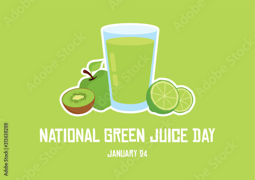 National Green Juice Day vector. Green fruit smoothie vector. Glass of juice with fruits icon. Fruit smoothie on a green background. Important day