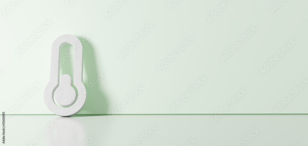 3D rendering of white symbol of thermometer quarter icon leaning on color wall with floor reflection with empty space on right side 3D rendering of white symbol of thermometer quarter icon leaning on color wall with floor reflection with empty space on right side
