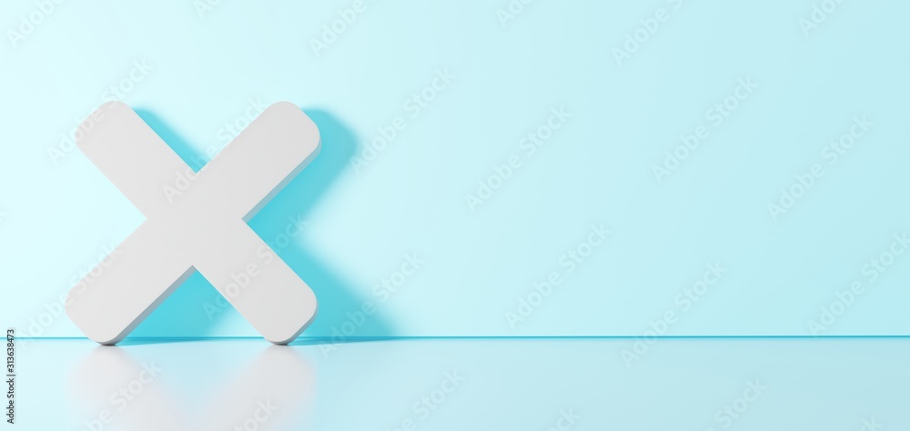 Obraz premium 3D rendering of white symbol of times icon leaning on color wall with floor reflection with empty space on right side