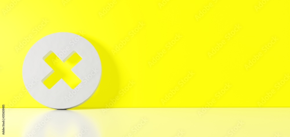 3D rendering of white symbol of times circle icon leaning on color wall with floor reflection with empty space on right side 3D rendering of white symbol of times circle icon leaning on color wall with floor reflection with empty space on right side
