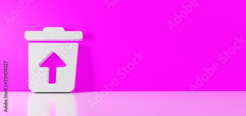 3D rendering of white symbol of trash restore icon leaning on color wall with floor reflection with empty space on right side