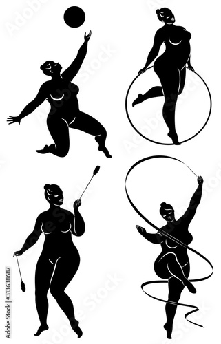 Collection. Gymnastics Silhouette of a girl with a hoop, ribbon, ball, clubs. The woman is overweight, a large body. The girl is a full figure. Set of vector illustrations.