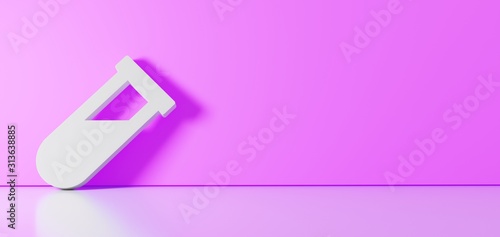 3D rendering of white symbol of vial icon leaning on color wall with floor reflection with empty space on right side