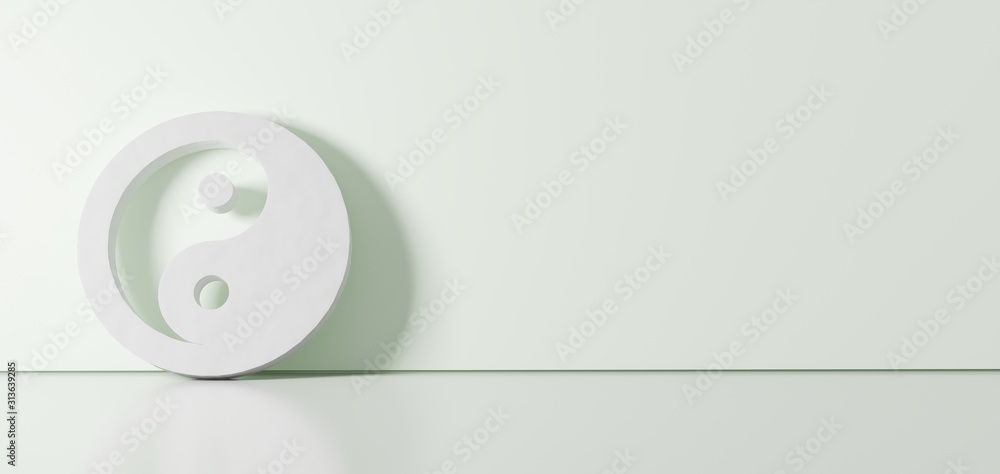 3D rendering of white symbol of yin yang icon leaning on color wall with floor reflection with empty space on right side 3D rendering of white symbol of yin yang icon leaning on color wall with floor reflection with empty space on right side