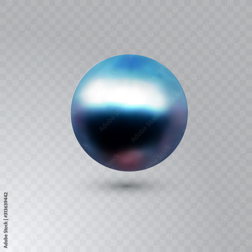 Obraz premium Vector illustration of single shiny natural blue sea oyster pearl with light effects isolated on transparent background. Beautiful 3D shining realistic pearl for luxury accessories.