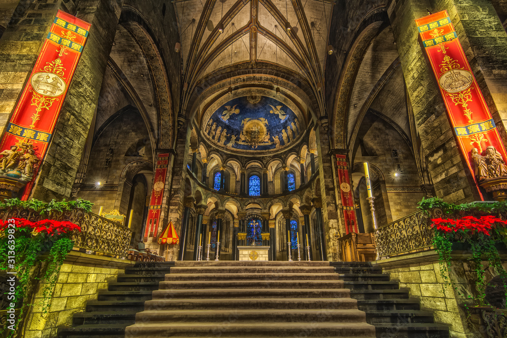 Maastricht, Netherlands. Interior of Basilica of Our Lady of the Assumption. The oldest church of the Netherlands. Construction started shortly after 1000 AD. Toning, HDR.