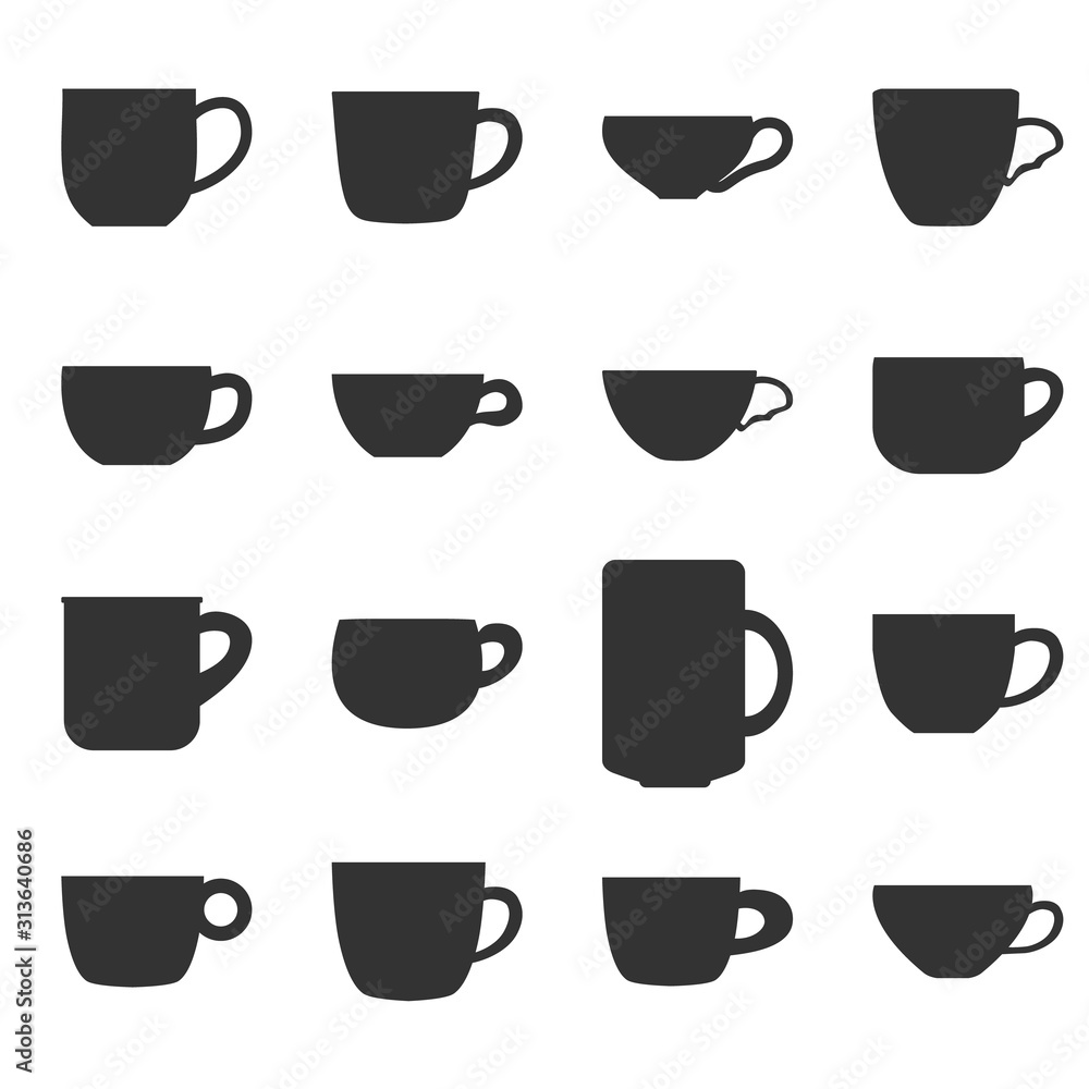 tea or coffee cups collection. Vector icons set. Cafe symbols