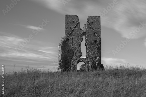 Church ruins in black and white photo