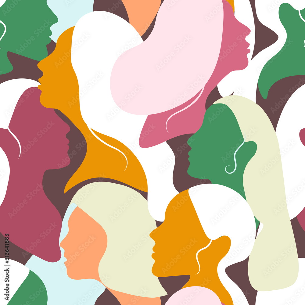 International Women's Day. Vector seamless pattern with women faces. Flat illustration