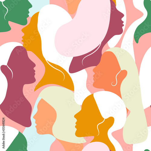 International Women's Day. Vector seamless pattern with women faces. Flat illustration