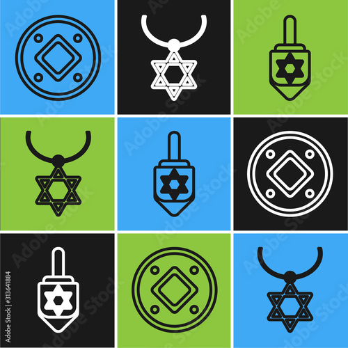 Set line Jewish coin, Hanukkah dreidel and Star of David necklace on chain icon. Vector