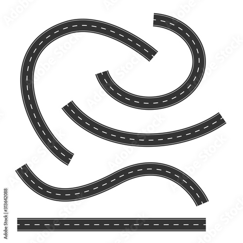 Set of Road Marking Isolated Background. Top View. Curved Highway