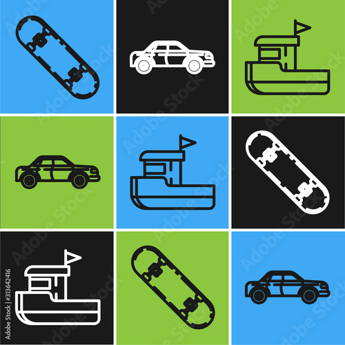 Set line Skateboard, Fishing boat and Sedan car icon. Vector