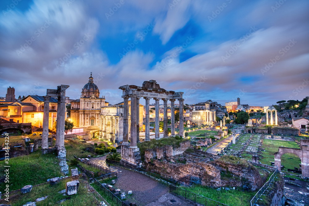 Illuminated Forum Romanum at Dusk, Rome