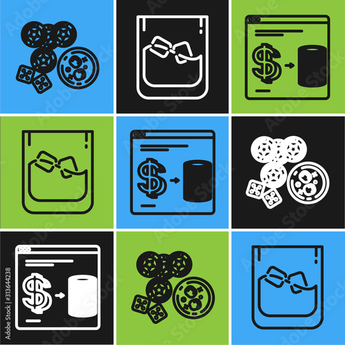 Set line Casino chips, game dice and glass of whiskey with ice cubes, Online casino chips exchange on stacks of dollars and Glass of whiskey and ice cubes icon. Vector