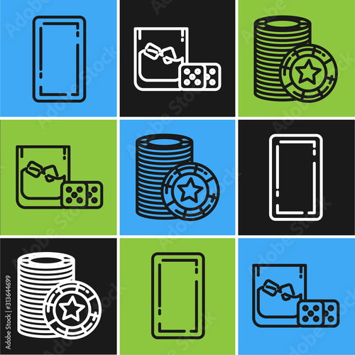 Set line Playing card back, Casino chips and Game dice and glass of whiskey with ice cubes icon. Vector