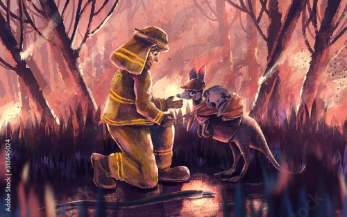 Canvas Print Firefighter helping kangaroo and koala bear from wildfire