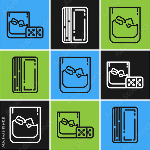 Set line Game dice and glass of whiskey with ice cubes, Glass of whiskey and ice cubes and Deck of playing cards icon. Vector
