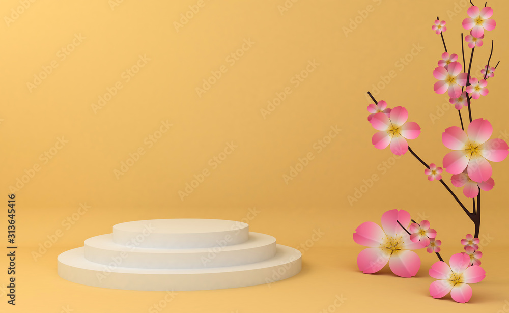 Display background for Cosmetic product presentation. Empty showcase,  3d rendering illustration, Sakura flower.