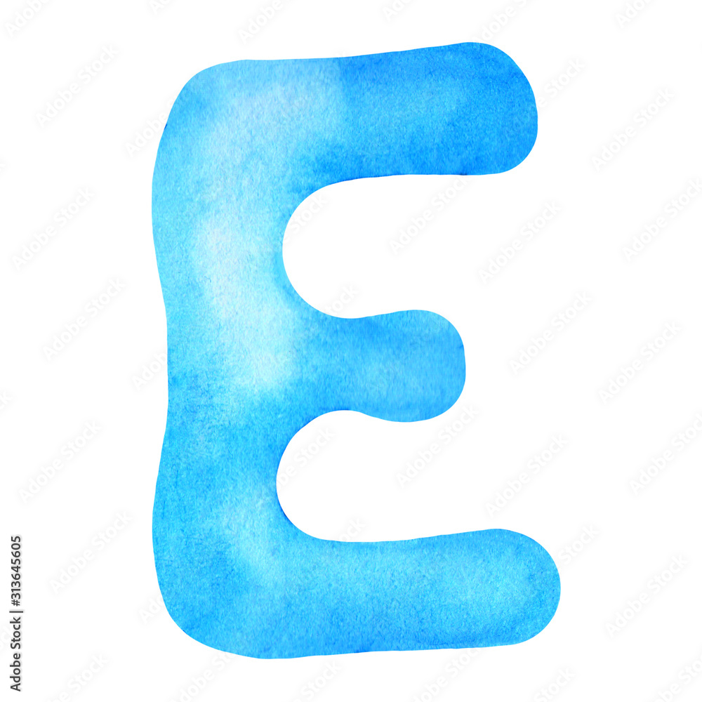 Monogram letter E made of watercolor. Classic blue hand drawn alphabet Monogram letter E made of watercolor. Classic blue hand drawn alphabet