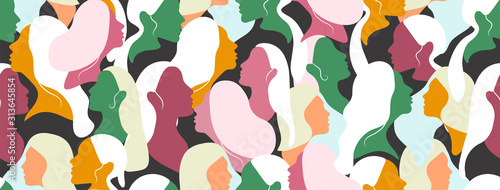 Powerful woman movement face character . Flat design style vector illustration set of diverse women faces with white hairs. Vector templates for banner, card, poster, flyer and other users