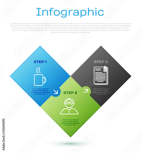 Set line Coffee cup, File document and paper clip and Student. Business infographic template. Vector