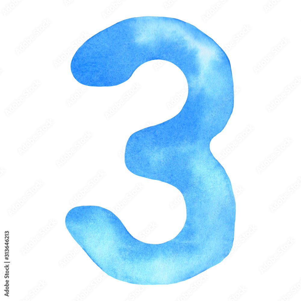 Number 3. Watercolor classic blue hand drawn alphabet Number 3. Watercolor classic blue hand drawn alphabet