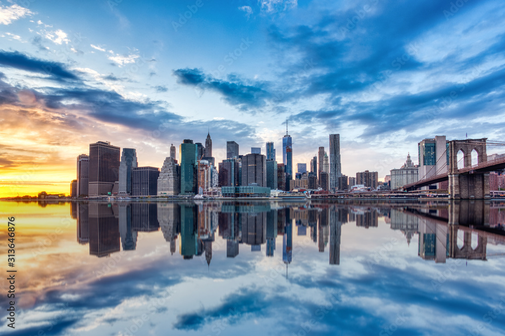 New York City Lower Manhattan with Brooklyn Bridge at Dusk, View from Brooklyn