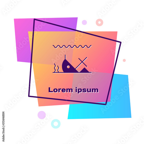 Purple Sunken ship at the bottom of the sea icon isolated on white background. Color rectangle button. Vector Illustration