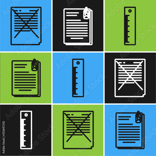 Set line Exam paper with incorrect answers survey, Ruler and File document and paper clip icon. Vector