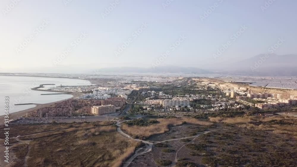 Vacation city at coast. Almerimar, Almeria, Spain. Aerial view. High angle Vacation city at coast. Almerimar, Almeria, Spain. Aerial view. High angle