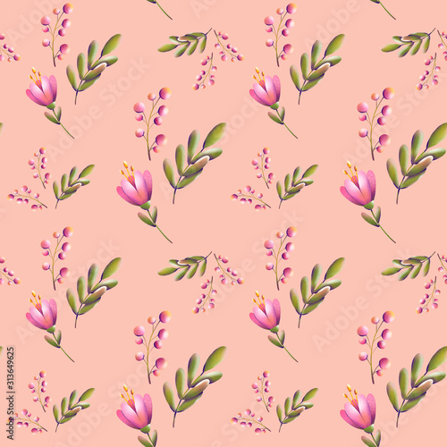 Digital illustration of a trendy floral print pattern. Small tulips  leaves and berries in a seamless texture. Summer and spring motif for cards  banners  fabrics  invitations.