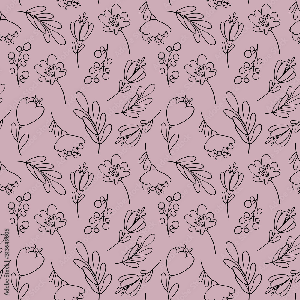 Digital illustration of a trendy floral print pattern. Small tulips, leaves and berries in a seamless texture. Summer and spring motif for cards, banners, fabrics, invitations. Digital illustration of a trendy floral print pattern. Small tulips, leaves and berries in a seamless texture. Summer and spring motif for cards, banners, fabrics, invitations.
