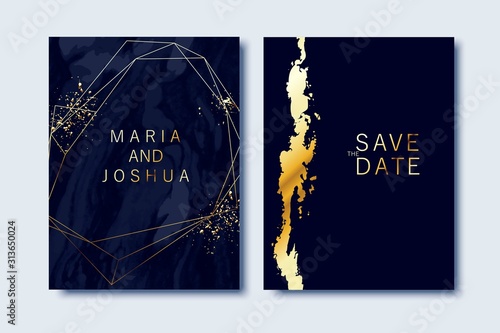Luxury wedding invitation. Indigo marble background and golden splatters.