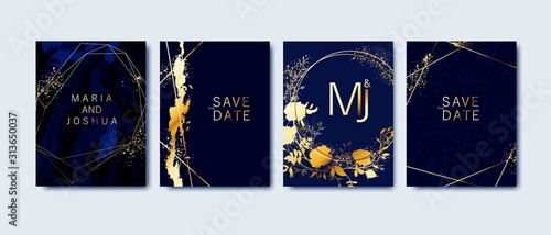 Luxury wedding invitation. Indigo marble background and golden splatters, hand drawn flowers.