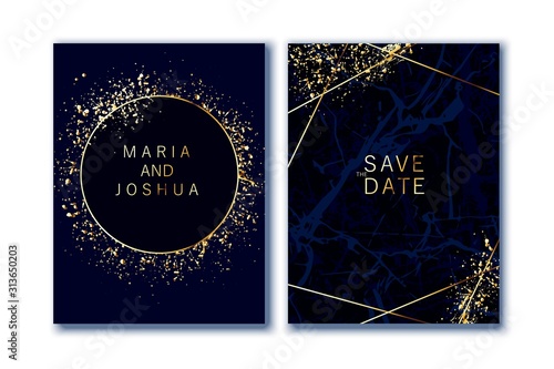 Luxury wedding invitation. Indigo marble background and golden splatters.